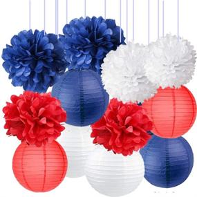 img 3 attached to 🎉 Nautical Party Decor - Navy Blue & Mixed Red/White Pom Poms, Tissue Paper Lanterns | Patriotic Captain America Party Supplies for Baby Shower, Boy Scout Banquet, Birthday Celebrations