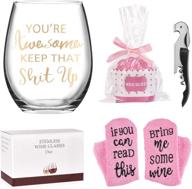 you're awesome keep that up stemless wine glass gift set: wine socks, bottle opener & funny gold words – perfect for friend, girlfriend, women, coworker birthday party, christmas! 15 oz logo