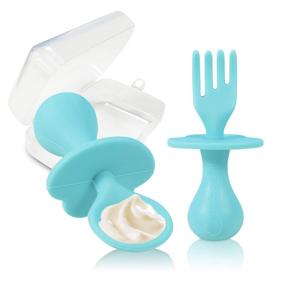 img 3 attached to 🍼 Baby Silicone Self-Feeding Utensil Set - Infant Spoon Fork for 6+ Months, BPA-Free, First Training Weaning, Toddler Friendly (Blue)