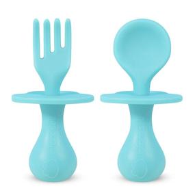 img 4 attached to 🍼 Baby Silicone Self-Feeding Utensil Set - Infant Spoon Fork for 6+ Months, BPA-Free, First Training Weaning, Toddler Friendly (Blue)