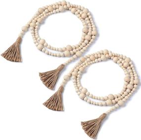 img 4 attached to 🌾 14.8 Feet Farmhouse Wooden Bead Garland with Tassels: 2-Piece Set | Natural Wood Color | Prayer Boho Beads Garland for Holiday Tiered Tray Decor, Wall Hanging, and More