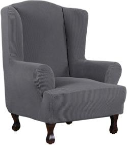 img 4 attached to 1 Piece Super Stretch Stylish Furniture Cover: Wingback Chair Slipcover in Gray Jacquard Checked Pattern - Spandex, Super Soft, Machine Washable and Skid-Resistant