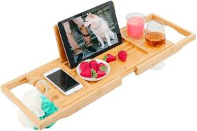 img 4 attached to 🛁 Diosbles Expandable Bamboo Bathtub Caddy Tray with Book iPad Holder, Phone Candle Wineglass Slots – Organizers for Bath Tub, Extendable Bathtub Holders