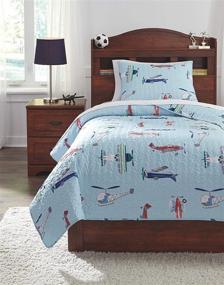 img 2 attached to ✈️ Signature Design by Ashley - Mcallen 2 Piece Twin Quilt Set - Airplane/Helicopter Pattern - Blue/Multicolor: Stylish and Vibrant Bedding for Your Young Aviator