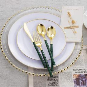 img 1 attached to 🍽️ Supernal 180 Piece Christmas Gold Plastic Cutlery Set with Green Glitter Bamboo Shape Handle - Durable and Disposable Gold Silverware