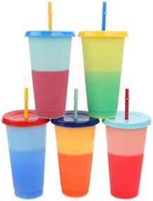 img 4 attached to 🥤 Large 24oz Reusable Color Changing Cups With Lids and Straws | Unbreakable BPA Free Plastic Tumblers | Bulk Smoothie and Party Cups for Adults and Kids | 5 Pack