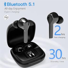 img 2 attached to Беспроводные наушники Bluetooth 5.1 с стереозвуком, защитой от воды IPX6, микрофоном, сенсорным управлением, светодиодным дисплеем и чехлом для зарядки для iPhone и Android - черные