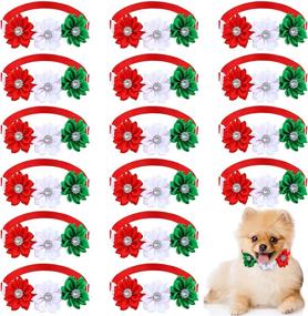 img 4 attached to Abbylike Flower Dog Collar Tie - 16 Piece Set, Small Dog Cat Puppy Pet Flower Bowtie with Shiny Crystal Pearl. Adjustable Rhinestone Pet Accessories for Dogs Cats - Perfect for Halloween and Christmas Wearing