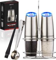 🧂 adjustable coarseness gravity electric salt and pepper grinder set - battery operated stainless steel mill with blue led light. includes bonus stand, brush & spoon logo