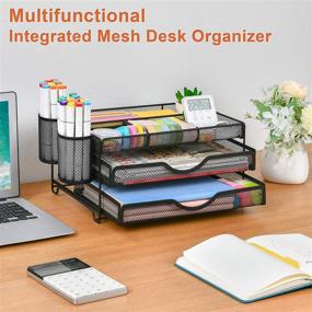 img 3 attached to 🗄️ Marbrasse Mesh Desk Organizer with 3-Tier Drawers, 2 Pen Holders, and Sliding Storage - Office Supplies and Accessories, Paper/Magazine Organizer for Letter/A4 Paper