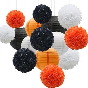 img 4 attached to 🎉 Vibrant 15-Piece Orange Black White Hanging Party Decorations Set: Ideal for Weddings, Birthdays, Showers, and Graduations – KAXIXI Paper Flowers Pom Poms Balls and Lanterns