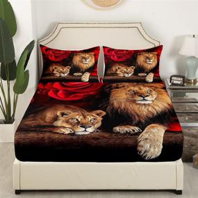 img 2 attached to Erosebridal Lion Bedding Set Queen Size, Fashionable Wild Animals Fitted Sheet 3D Lion Rose Flower Printed Sheet Set for Boys Girls, Soft Microfiber Africa Tropical Animal Bed Bedspread Decorative