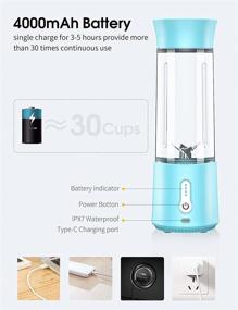 img 3 attached to 🍹 Portable Blender MPWHYL - Personal Smoothie and Shake Maker, Rechargeable Type-C 4000mAh Mini Blender with 500ml Bottle, Small Single Juicer - IPX7 Waterproof (Blue)