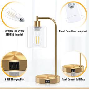 img 1 attached to 🔌 Set of 2 Lodstob Gold Industrial 3-Way Dimmable Table Lamps with Vintage Touch Control, 2 USB Ports, Glass Shade - Perfect for Reading, Living Room, Bedside Nightstand - Bulbs Included