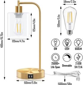 img 3 attached to 🔌 Set of 2 Lodstob Gold Industrial 3-Way Dimmable Table Lamps with Vintage Touch Control, 2 USB Ports, Glass Shade - Perfect for Reading, Living Room, Bedside Nightstand - Bulbs Included