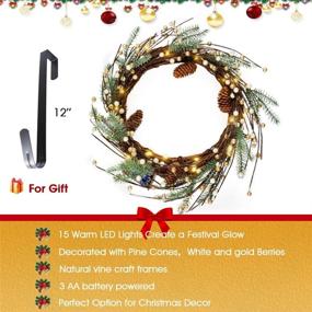 img 3 attached to 🎄 FRISTMAS 18" Pre-lit Christmas Wreath with Metal Hanger - Battery Operated LED Lighted Winter Decoration Wreath for Front Door - Timer Function & Warm Lights - Outdoor & Indoor Xmas Wreaths