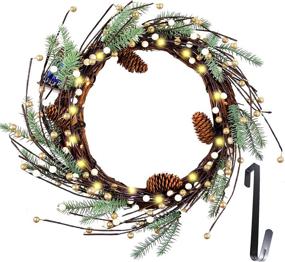 img 4 attached to 🎄 FRISTMAS 18" Pre-lit Christmas Wreath with Metal Hanger - Battery Operated LED Lighted Winter Decoration Wreath for Front Door - Timer Function & Warm Lights - Outdoor & Indoor Xmas Wreaths