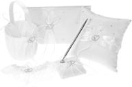 🤍 double heart satin wedding set: flower girl basket, ring bearer pillow, guest book, pen holder & bride garter set (white) logo