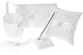 img 4 attached to 🤍 Double Heart Satin Wedding Set: Flower Girl Basket, Ring Bearer Pillow, Guest Book, Pen Holder & Bride Garter Set (White)
