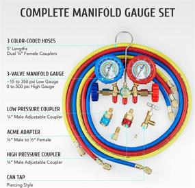 img 2 attached to 🌡️ ORION MOTOR TECH AC Gauge Set for R134a R12 R22 R502 - 3 Way Automotive AC Gauge Set with Antishock Gauges, Hoses, Couplers & Adapter - Puncturing Can Tap Freon Recharge Kit for HVAC