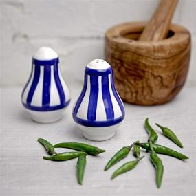 img 1 attached to 🏠 City to Cottage Handcrafted Dark Navy Blue Stripe Ceramic Salt and Pepper Shakers Set with Holder - Ideal Housewarming Gift