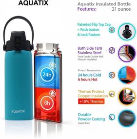 img 3 attached to 💦 Aquatix Turquoise 21oz Stainless Steel Insulated Sports Water Bottle - Keeps Drinks Cold 24hrs / Hot 6hrs