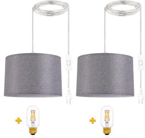 img 4 attached to QIYIZM Plug In Pendant Light Hanging Light Fixtures Hanging Lamp With Plug In Cord Hanging Ceiling Light For Living Room Bedrooms Swag Light With Switch And Gray Linen Shade 2 Pack(Led Bulb Included)