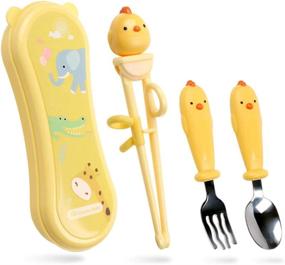 img 4 attached to 🍽️ Goryeo Baby Toddler Utensils Stainless Steel Kids Silverware Set with Training Chopsticks, Self Feeding Spoon and Fork for Learning (3PCS)(Yellow) - with Case