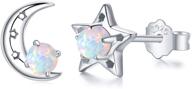 🌙 925 sterling silver opal moon and star earrings - hypoallergenic tiny small studs for women, ideal rainbow or moon star jewelry gift for sensitive ears girls logo