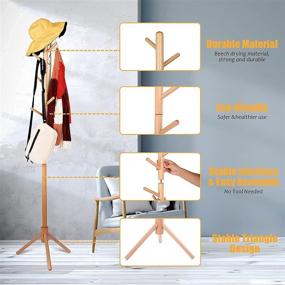 img 2 attached to 🧥 Wooden Coat Rack with 8 Hooks - Free Standing Hall Tree Coat Stand Organizer Rack for Bedroom, Office, Hallway, Entryway - Adjustable Sizes, Triangular Base - Natural