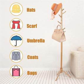 img 1 attached to 🧥 Wooden Coat Rack with 8 Hooks - Free Standing Hall Tree Coat Stand Organizer Rack for Bedroom, Office, Hallway, Entryway - Adjustable Sizes, Triangular Base - Natural