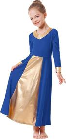 img 1 attached to 👗 IBAKOM Girls Metallic Gold V-Neck Praise Dance Dresses - Loose Fit Full Length Color Block Liturgical Church Worship Dancewear