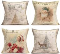 🎅 hopyeer xmas santa claus decorative throw pillow covers - vintage classical winter holiday merry christmas snowflake postcards elk trees cotton linen cushion case cover for sofa - set of 4 - 18"x18" (xs-santa) логотип