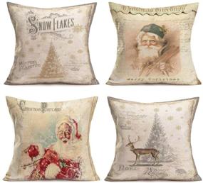 img 4 attached to 🎅 Hopyeer Xmas Santa Claus Decorative Throw Pillow Covers - Vintage Classical Winter Holiday Merry Christmas Snowflake Postcards Elk Trees Cotton Linen Cushion Case Cover for Sofa - Set of 4 - 18"x18" (XS-Santa)