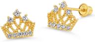 sparkling 14k gold plated brass princess crown earrings for girls - with cubic zirconia & secure screwback logo