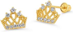 img 4 attached to Sparkling 14k Gold Plated Brass Princess Crown Earrings for Girls - With Cubic Zirconia & Secure Screwback