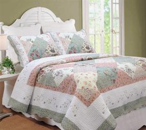 img 4 attached to 🌸 Cozy Line Home Fashions Celia Floral Patchwork Green Peach Quilt Bedding Set - Queen Size 3 Piece, Reversible Coverlet Bedspread with Scalloped Edge