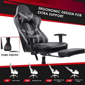 img 1 attached to 🎮 VON RACER Grey Gaming Chair with Massage, Footrest, Recliner, Headrest, and Lumbar Support - Perfect Ergonomic Video Game Chair for Adults