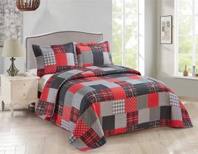 img 2 attached to 🛏️ Contemporary Azore Linen Striped Gingham Tartan Plaids Patchwork Bedding Set - Glen (Twin) in Red Black Grey - Elegant Quilt and Coverlet for Your Bedroom
