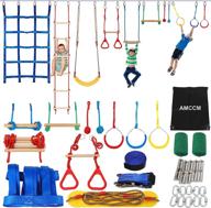 65ft amccm ninja warrior obstacle course for kids - complete slackline kit with 15 sturdy attachments: obstacle net, swing, monkey bar - perfect ninja course for kids outdoors логотип