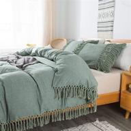 🌿 softta boho bedding tassel duvet cover fringed queen 3 pcs, 100% washed cotton, teen baby vintage and elegant ruffle duvet covers in green logo