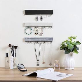 img 2 attached to 🪚 Rustic Monochrome Wood and Gold Tone Metal Wall Jewelry Organizer - 3-Piece Set with 24 Hook Necklace and Bracelet Storage Rack, Including Hanging Earring Bar