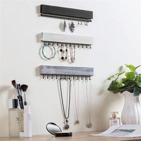 img 1 attached to 🪚 Rustic Monochrome Wood and Gold Tone Metal Wall Jewelry Organizer - 3-Piece Set with 24 Hook Necklace and Bracelet Storage Rack, Including Hanging Earring Bar