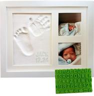 👶 personalized baby handprint & footprint keepsake photo frame kit with free stencil! non-toxic clay, wall/table wood picture frame. ideal for registry, baby shower, new mom, birthday & newborn gift! logo