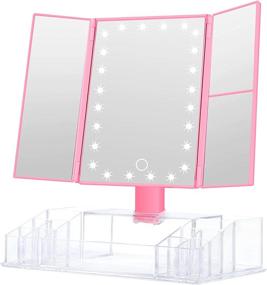 img 4 attached to 🔍 GULAURI Tri-Fold Lighted Makeup Mirror with Magnification, LED Lights, and Storage - Pink, 3x/2x Magnifying, 180 Degree Adjustable Touch Screen