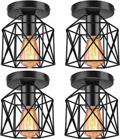 img 2 attached to 🔦 Pack of 4 Industrial Ceiling Light Fixtures, Vintage Metal Semi Flush Mount Fixtures, Rustic Cage Lights for Hallway Stairway Kitchen Farmhouse, Black - E26 Compatible