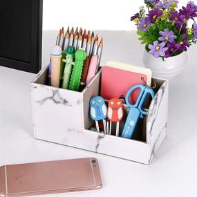 img 3 attached to 🖊️ BTSKY Marble White PU Leather Desk Pen Pencil Holder - Multi-functional Desktop Organizer Storage Box, Business Card, Pen/Pencil, Mobile Phone, Remote Control Stationery Holder, Home Office Table Top Organization Decor