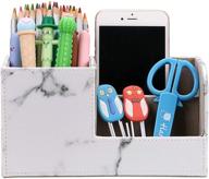 🖊️ btsky marble white pu leather desk pen pencil holder - multi-functional desktop organizer storage box, business card, pen/pencil, mobile phone, remote control stationery holder, home office table top organization decor логотип