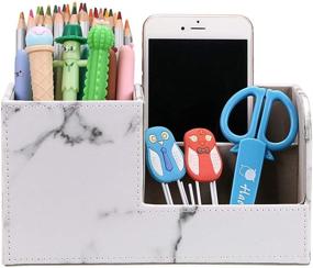 img 4 attached to 🖊️ BTSKY Marble White PU Leather Desk Pen Pencil Holder - Multi-functional Desktop Organizer Storage Box, Business Card, Pen/Pencil, Mobile Phone, Remote Control Stationery Holder, Home Office Table Top Organization Decor