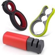 🔪 yizhen 2 pack multifunction bottle opener can/jar opener with non-slip grip &amp; kitchen knife sharpener - scalable 2-stage blade repair/restore/polish for cooking, camping, hiking (red) logo